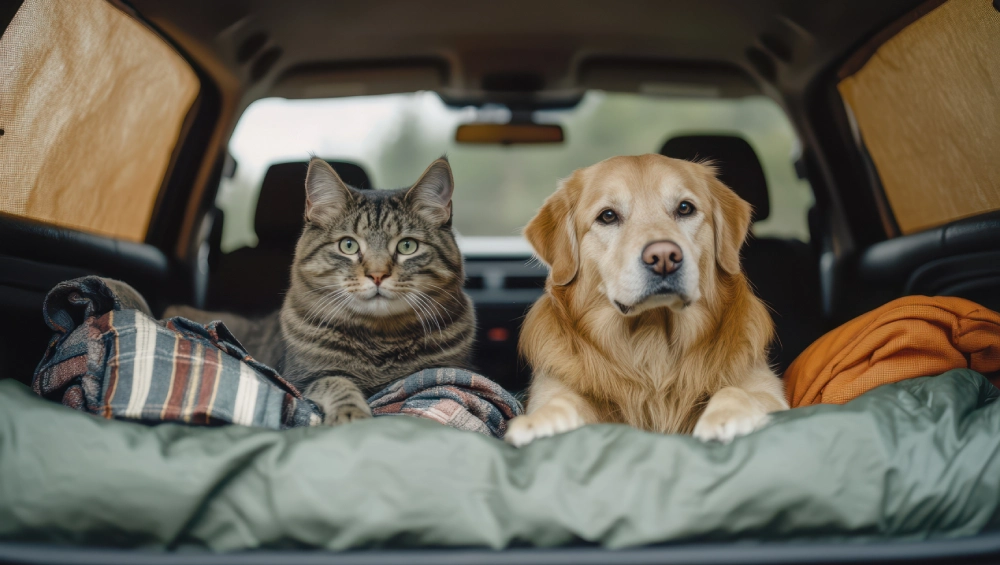 A tabby cat and golden retriever sit side by side in a vehicle’s back seat, cozy under blankets, gazing forward with calm, curious faces.